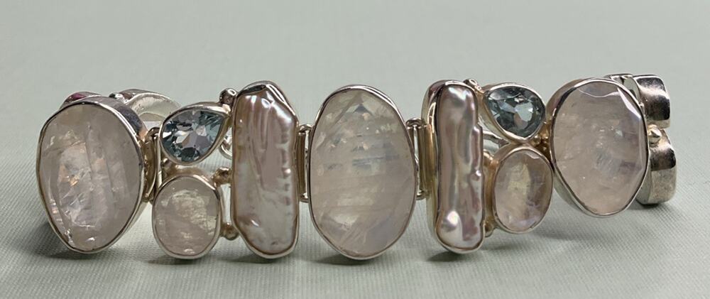 Vintage Sterling Silver Rainbow Moonstone Pearl Multi Gemstone Bracelet